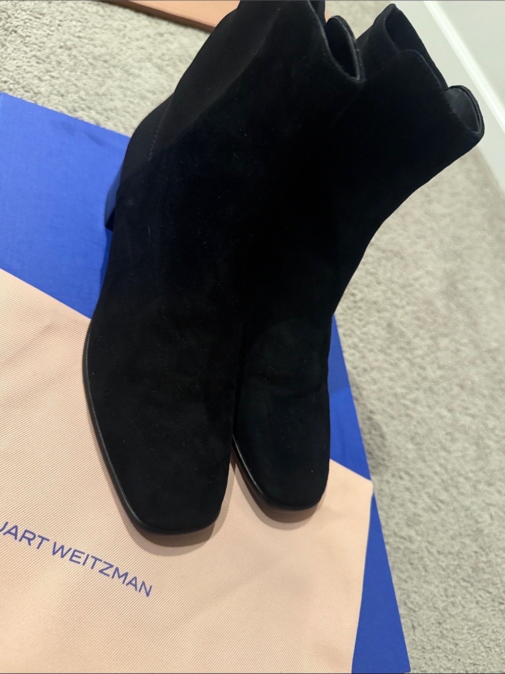 Stuart Weitzman Black Suede Mid-Heel Ankle Booties